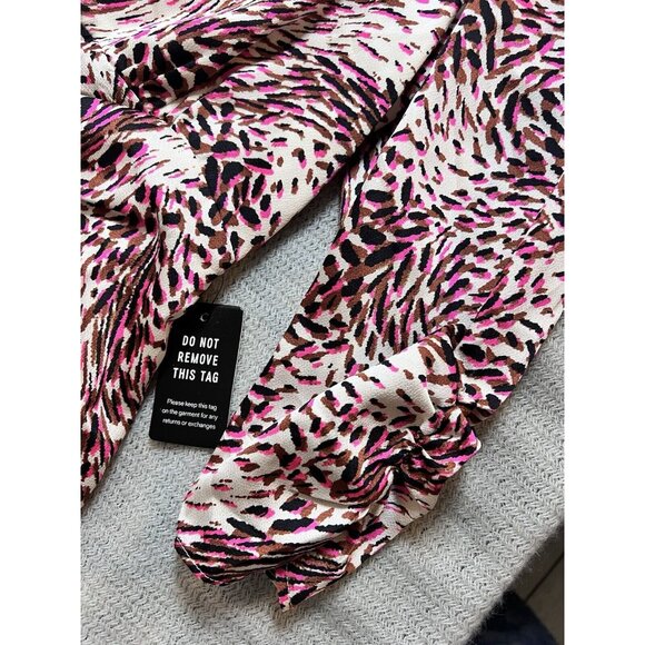 EXPRESS ABSTRACT ANIMAL LEOPARD PRINT‎ PUFF SLEEVE RUCHED HI-LO MIDI DRESS XXS - Picture 5 of 11